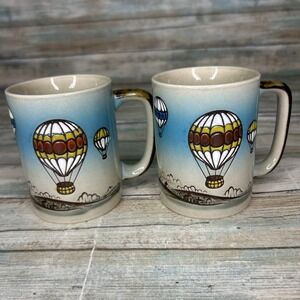 Vintage Otagiri Embossed Textured Mugs Hot Air Balloons Hand Painted Set